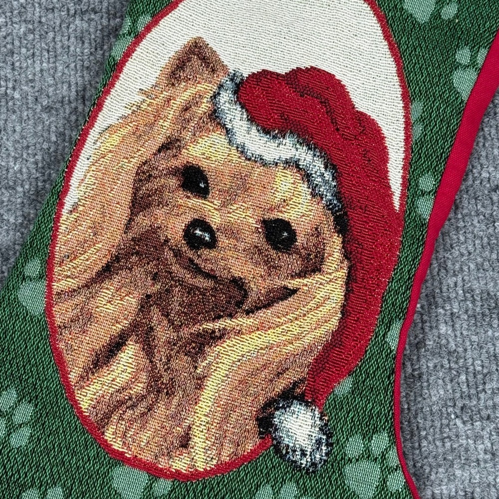 Vintage Yorkshire Terrier Dog Christmas Stocking Tapestry Santa Hat Linda Picken